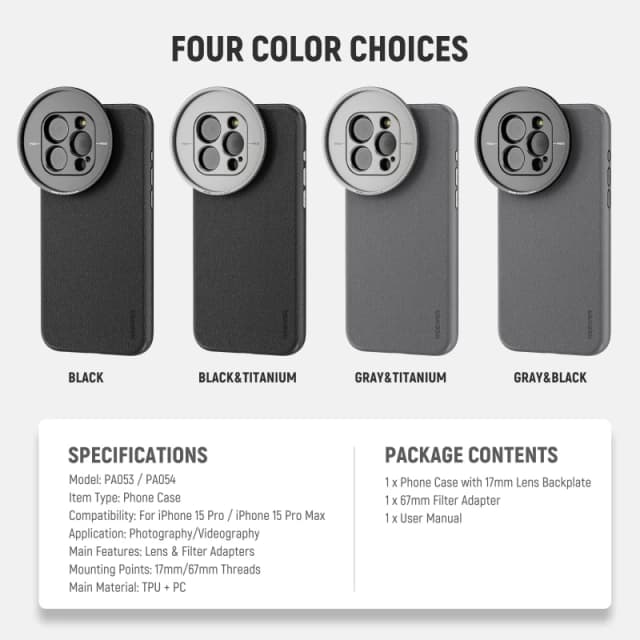 NEEWER PA053/PA054 Case for iPhone 15 Pro Max with 17mm/67mm Adapters - Black