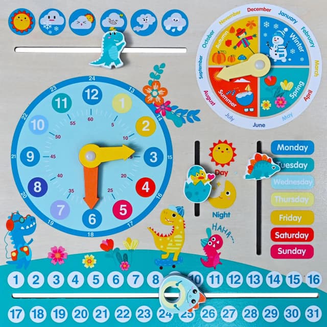 Wooden Calendar & Teaching Clock Learning Toy for Kids 3-12 | Montessori Educational Toy for Toddlers | Weather, Season, Week & Time Learning Board | Early Intelligence Development Gift
