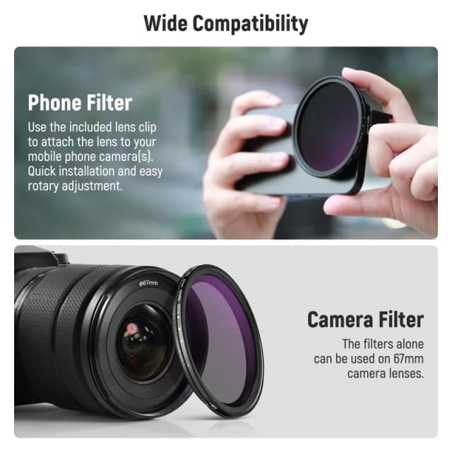 NEEWER Clip On 67mm ND2-ND32 HD Variable Phone Lens Filter Kit - with Magnetic Adapter Ring