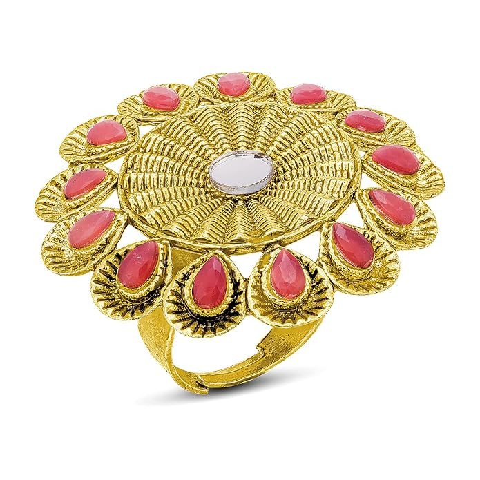 Lavish Floral Gold Plated Colour Stone Adjustable Ring For Women.