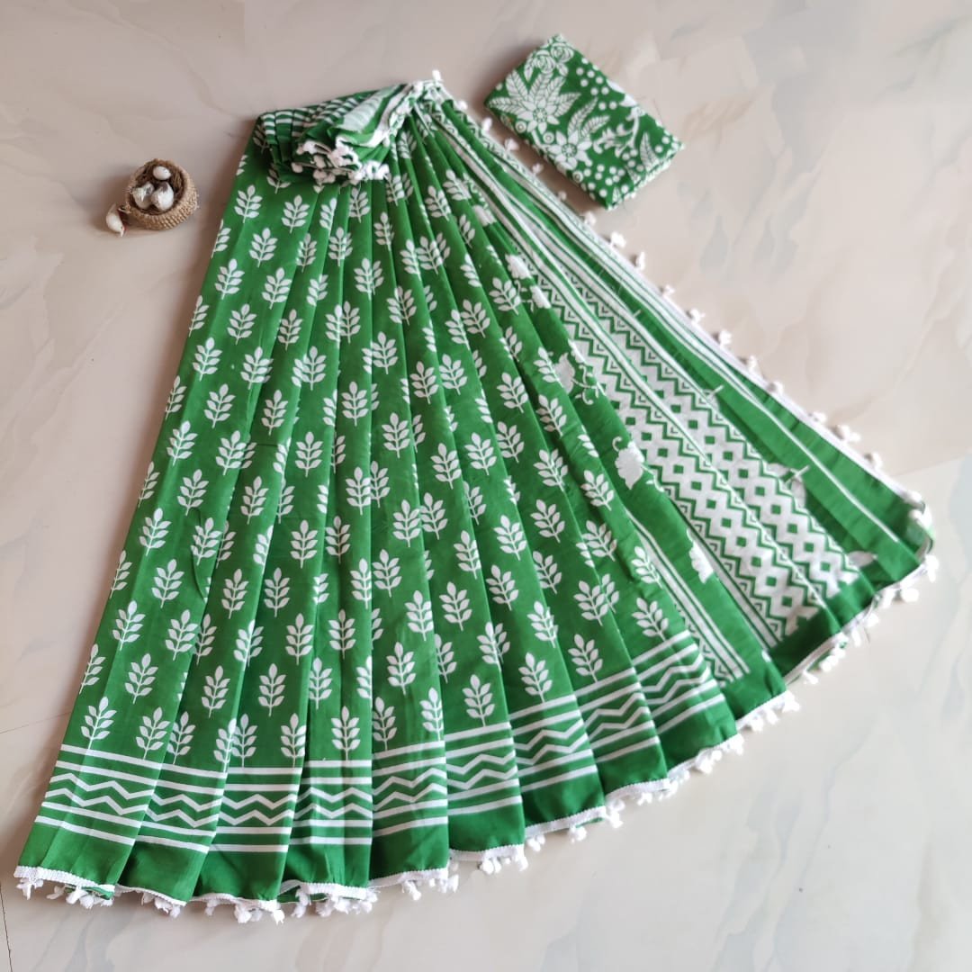 Edathal Star Collection's Pure Soft Cotton Mul Mul Bagru Hand Block Printed Saree With Mulmul Cotton Blouse | Cotton Saree With Blouse