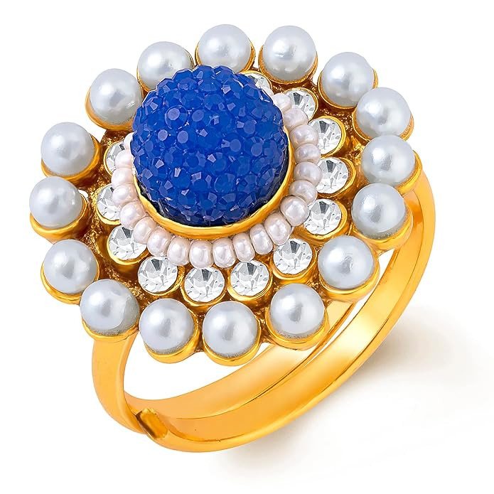 Exotic Gold Plated Ring With Ad And White Pearls.