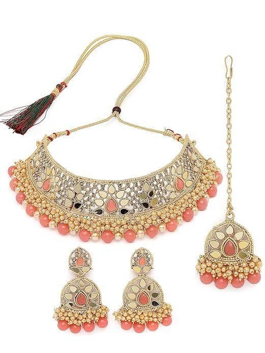 Sukkhi Traditional Gold Plated Pink Kundan & Beads Floral Choker Necklace Set With Earring And Maangtika | Jewellery Set For Women (NS105480)