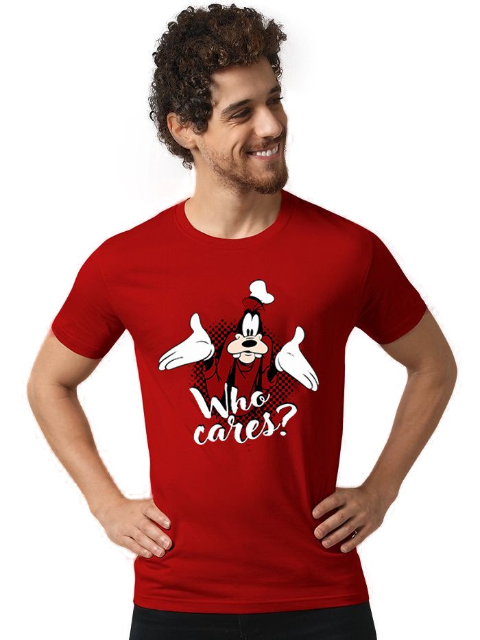 Beorign Regular Fit Stylish Look Trendy Casual Simple Cotton Blend Half Sleeves Who Cares Printed T-Shirt For Men - Red Colour ( M , L , XL )