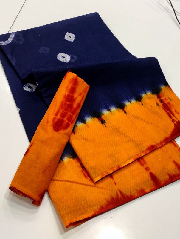 Avanika Collection's Pure Handloom Cotton Shibori Designer Sarees With Contrast Dying Border And Pallu With Contrast Blouse - Multicolour