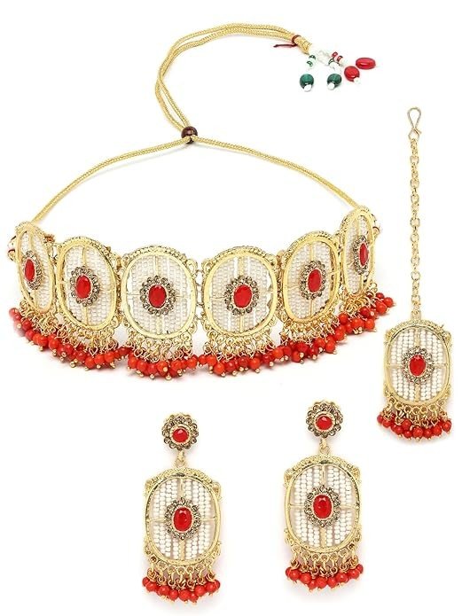 Sukkhi Charming Circular Gold Toned Plated Necklace Set With Earring And Maangtika | Jewellery Set For Women