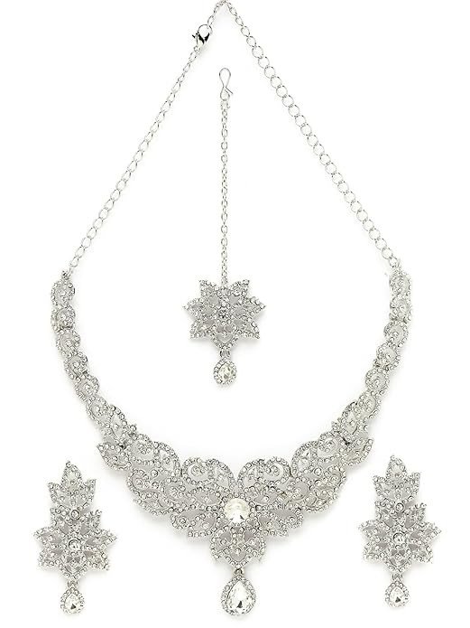 Gracious Rhodium Plated Silver AD White Stones Collar Bone Necklace Set With Earring And Maangtika | Jewellery Set For Women (NS105573)