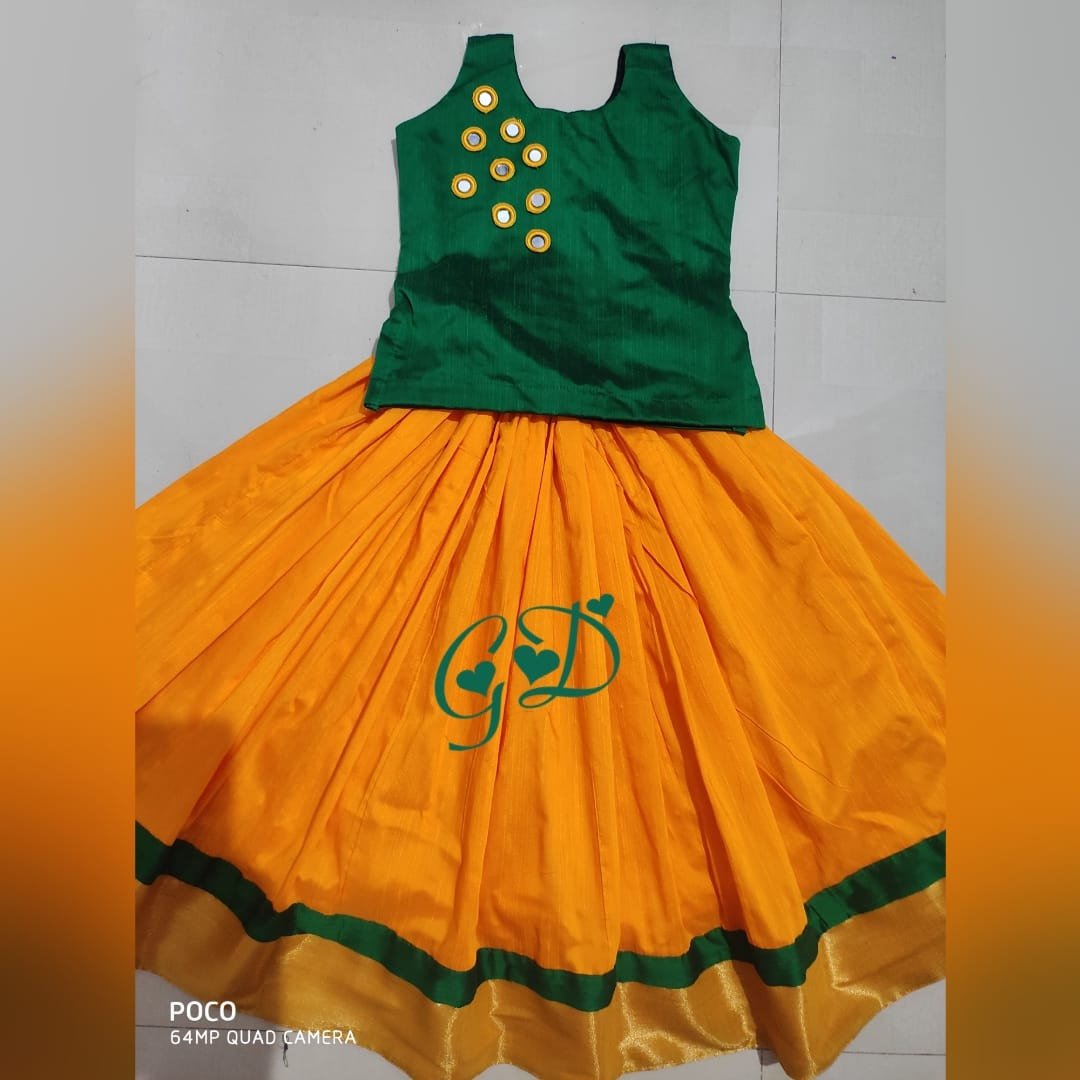 Classy Threads Collectionzz Trendy Stylish Silk Cotton Kids Skirts & Jacket - Green & Orange Colour | Kerala Traditional Pattupavada