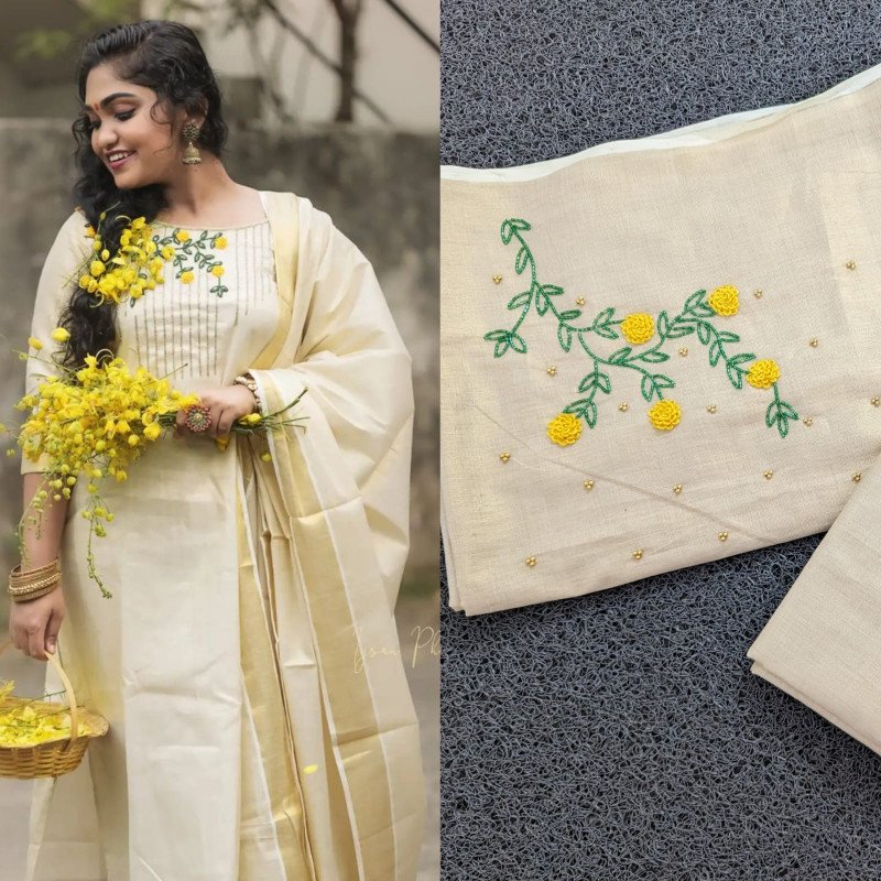 Sai Ram Textiles Golden Tissue Hand Work Churidar Full Set Material | Kerala Traditional Churidar Material