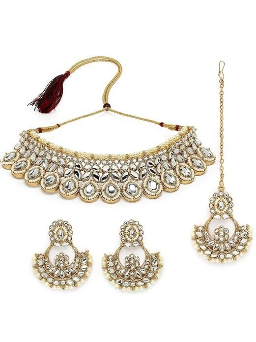 Sophisticated Bridal Looked Rani Pink Stone Studded Choker Necklace With Chandbali Earring Mangtikka Set For Women.