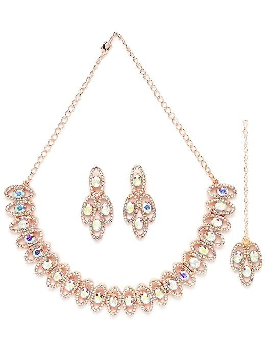 Sukkhi Lavish Rose Gold Plated Rainbow Stones Collar Bone Necklace Set With Earring And Maangtika | Jewellery Set For Women (NS104986)