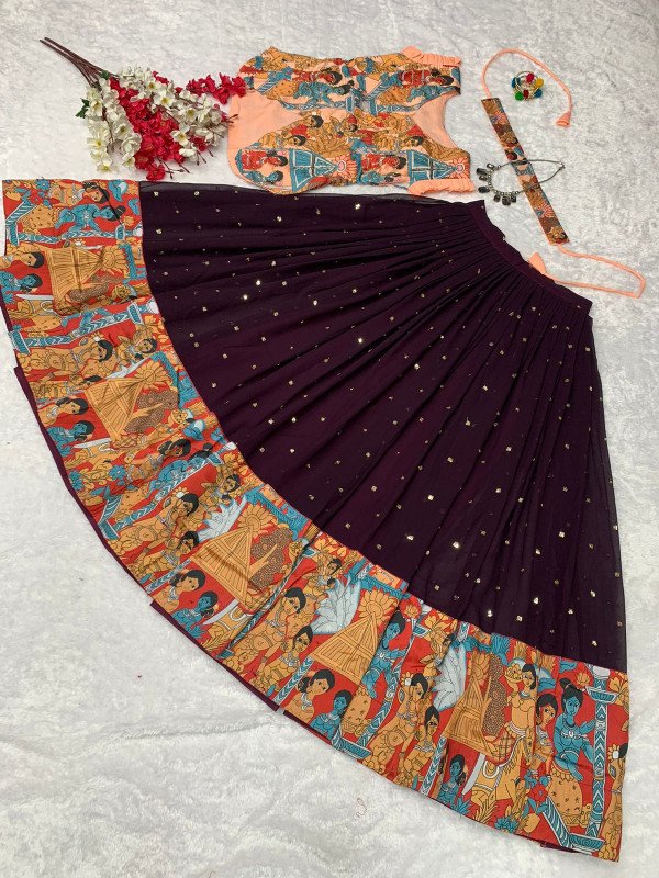 Edathal Star Collection's Party Wear Georgette Sequence Work Skirt With Top And Belt (Grape Colour)