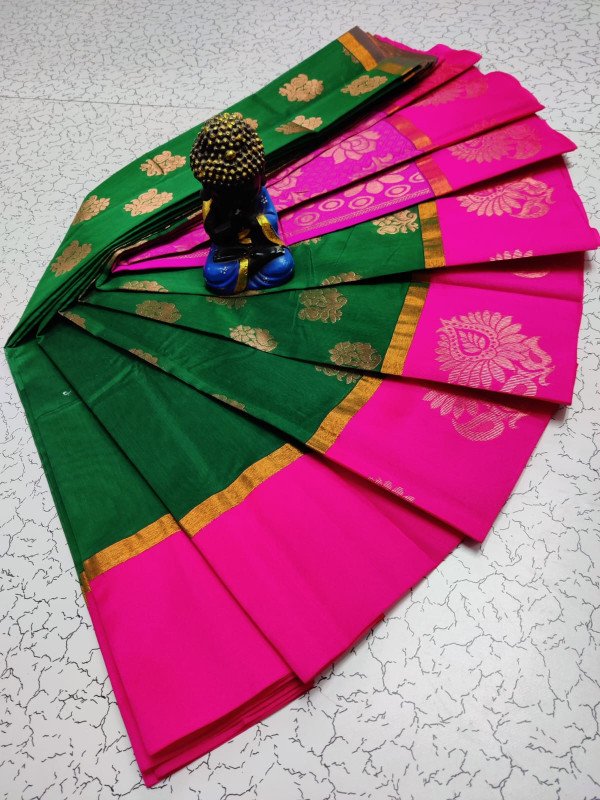 Edathal Star Collection Women Kottanchi Type Cotton Sarees With Matching Contrast Blouse & Grand Munthi With Border - Multi Colour | Pure Cotton Silk Sarees (Uniform Available)
