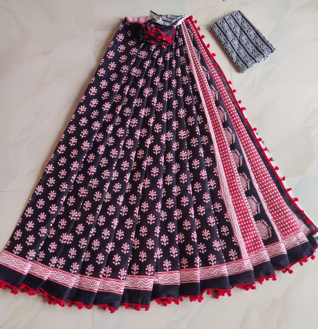 Beautiful Pure Soft Cotton Mul Mul Bagru Hand Block Printed Saree With Mulmul Cotton Blouse - Multicolour | Cotton Saree With Blouse