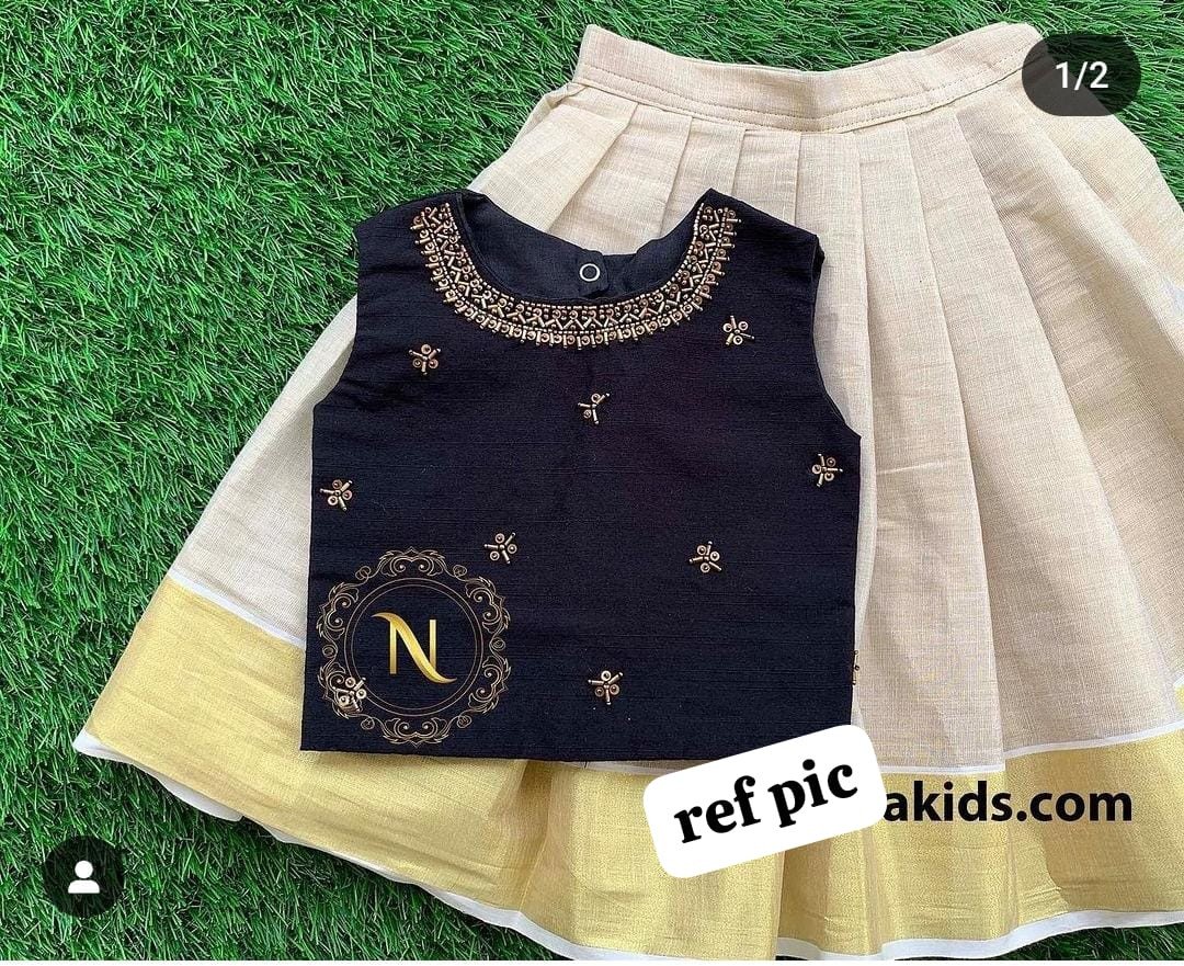 Adhoos Collection's Kerala Style Skirt & Top | Kids Stitched Pattupavada Navy Blue Top