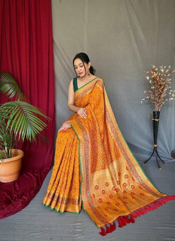 Edathal Star Collection's New Attractive & Stylish Pure Patola Silk Saree With Blouse & Rich Pallu With Tassels - Yellow Colour | Patola Pure Silk Saree