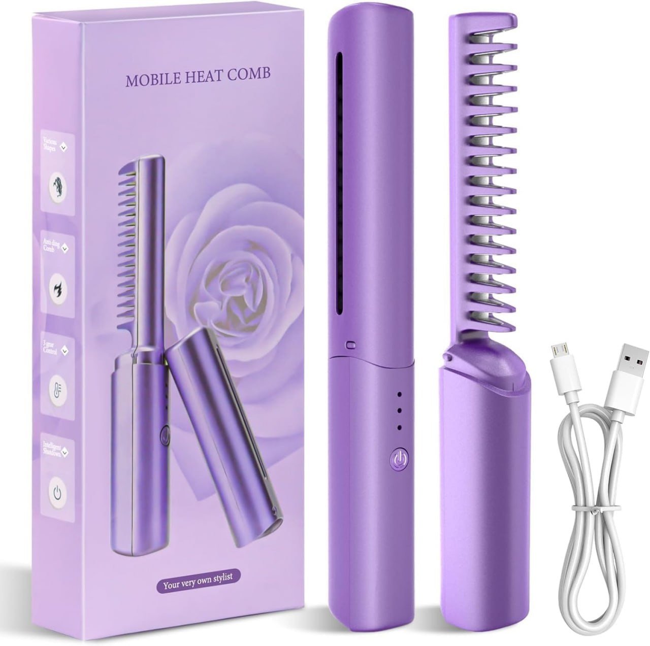 SmartGadgets Mobile Heat Comb | Cordless Hair Straightener Brush | USB Rechargeable Heated Comb | Wireless Electric Hot Machine for Hair & Beard | Fast Heating Styling Tool
