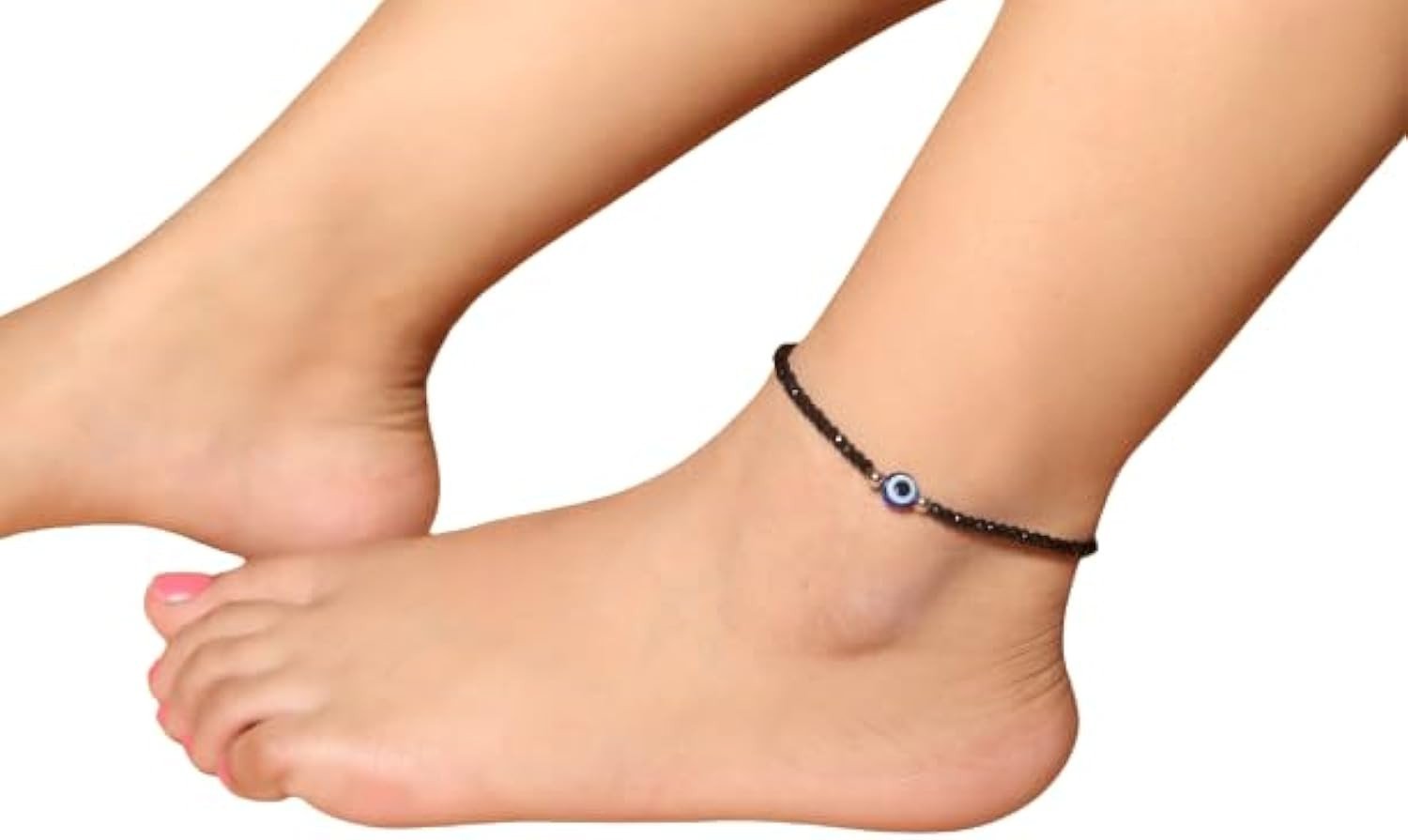 Handmade Blue Evil Eye With Glossy Black Beads Chain Anklet For Women/Single Leg