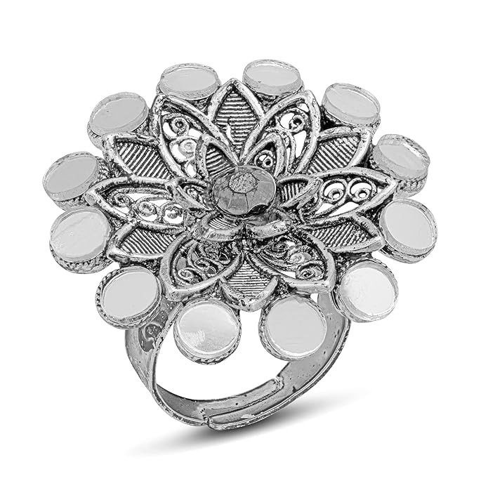 Pretty Traditional Floral Gold Plated Mirror Adjustable Ring For Women.