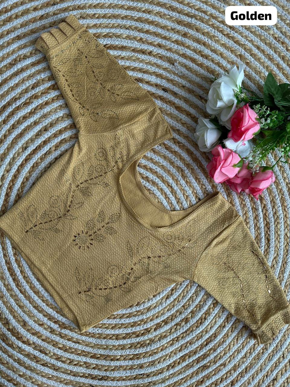 Sai Ram Textiles Fancy Sirojki Work Jhari Pushpa Designed Round Neck Lycra Stretchable Readymade Blouse - Golden Colour (Stitched Blouse) | Stitched Saree Blouse
