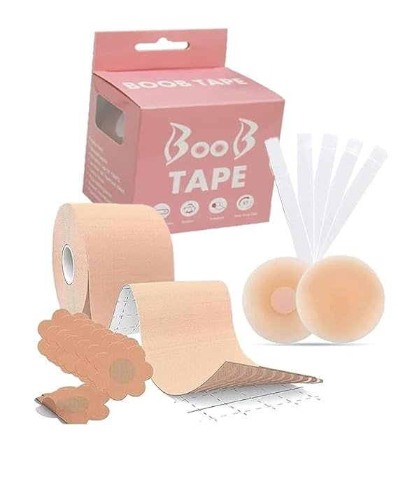 SmartGadgets Boob Tape-Instant Boob Tape with 10 Disposable Nipple Pasties for Fashion with 50 Strips Double Sided Tape for Clothes &1 Pair Reusable Nipple Cover for Women (Beige) With Patch Test Stri