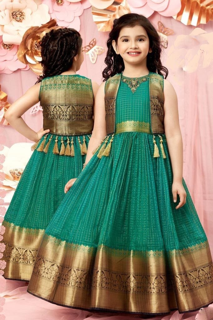 Sastha Fashion Traditional Ethnic Silk Fabric Checked Pattern Sleeveless Long Length Green Colour Ruffle Style Flared Gown With Attached Coat For Girls ( S , M , L , XL , XXL , XXXL )