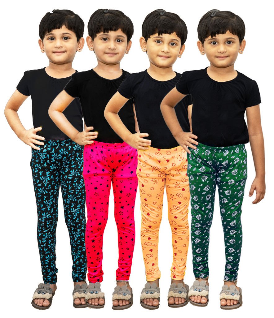 AFRA Slim Fit Ankle Length Printed Pure Cotton Leggings Pack of 4 For Kids | Full Length Leggings 4 in 1 (Combo)