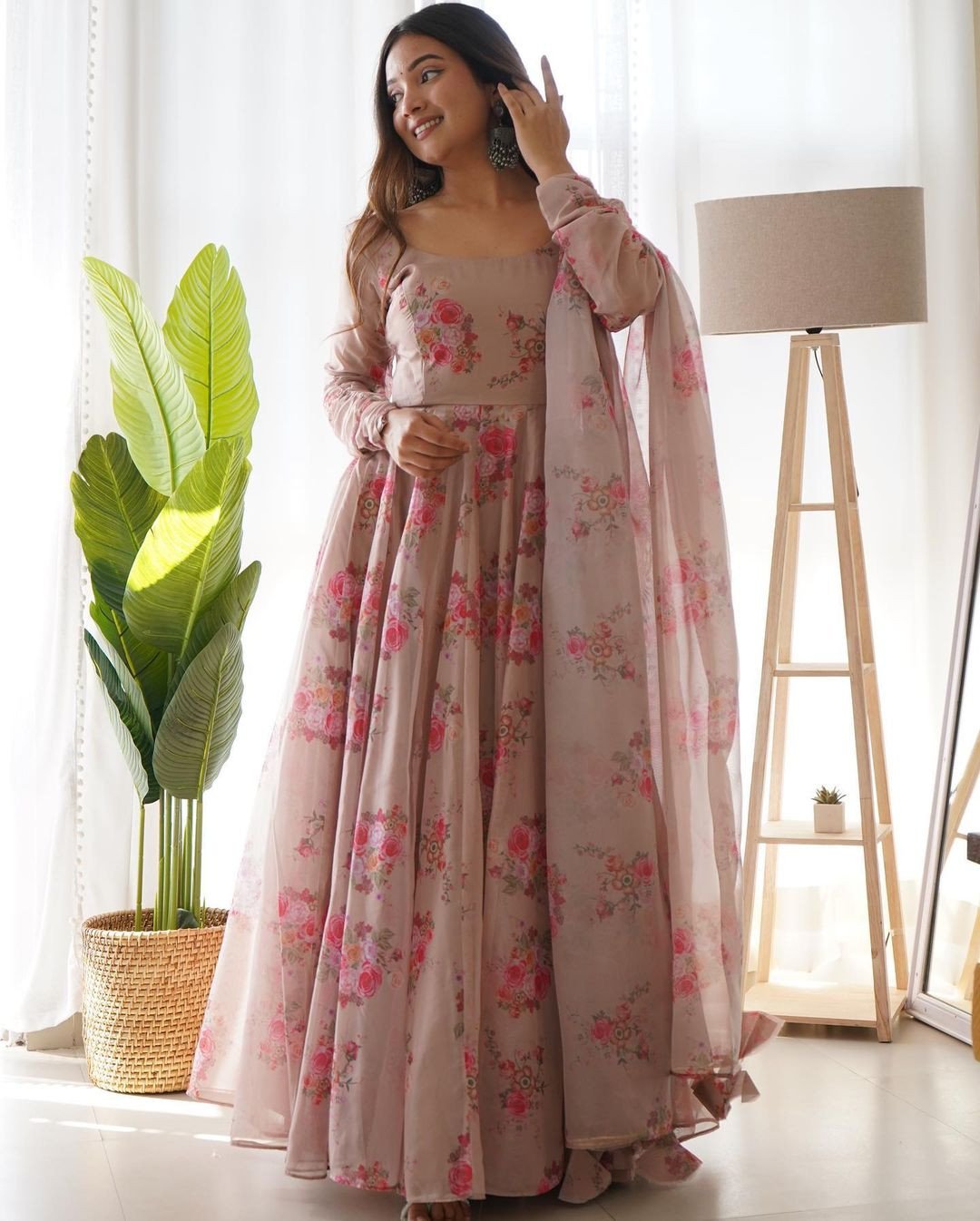 Women's Ethnics Pure Soft Tabby Organza With Border Printed Full Length Fully Flair Kali Pattern Gown And Duppatta  Ready To Wear | Flaired Gown For Women With Duppatta