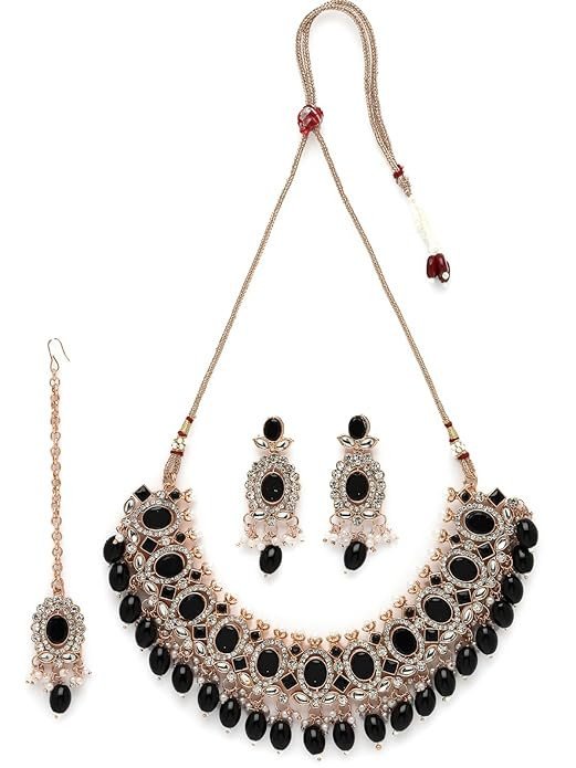 Bright Gold Plated Green Ad Stones With Drop Beads Studded Choker Necklace Set For Women.