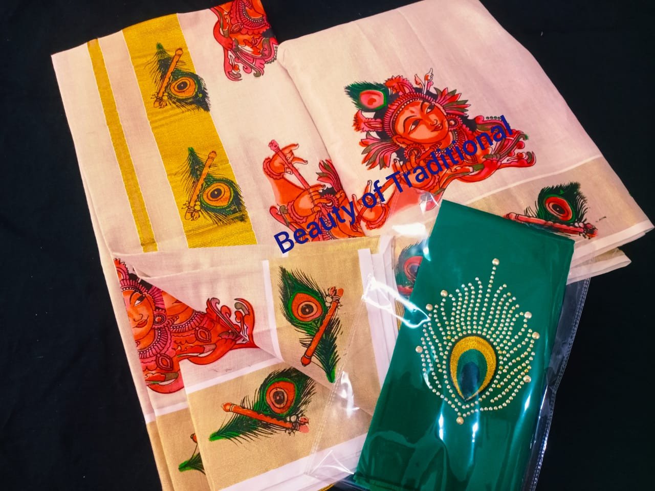 Avanika Collection's Kerala Traditional Tissue Mural Work Dhavani Set For Girls (Stitched Skirt) | Kerala Dhavani Set