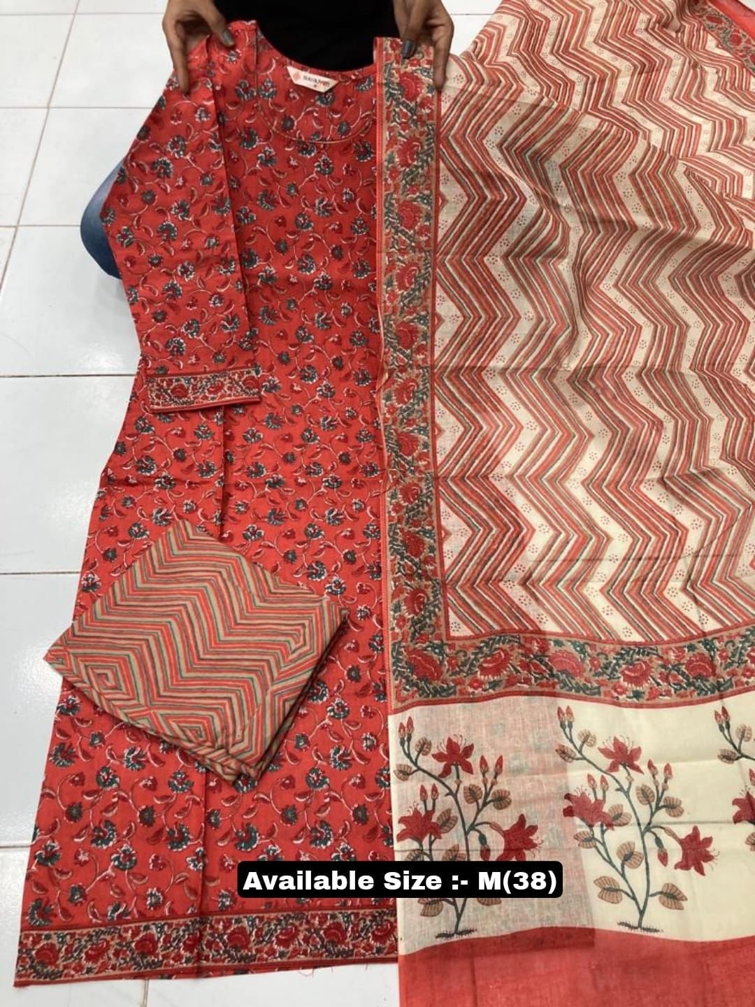 Sew In Style Printed Pure Cotton Ready Made Kurti And Pend With Duppatta | Ladies Full Churidhar Set(Red and White)
