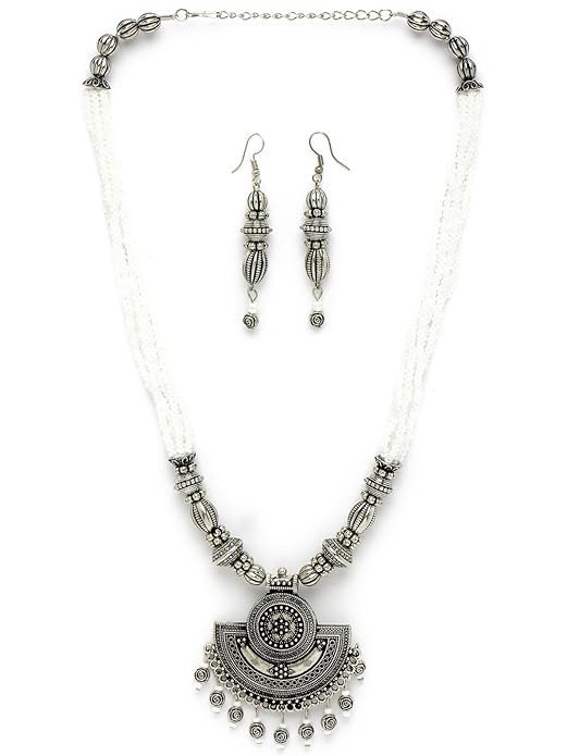 Ethnic Oxidised Silver Plated Stylish Beads Long Necklace Set And Earring | Jewellery Set For Women.