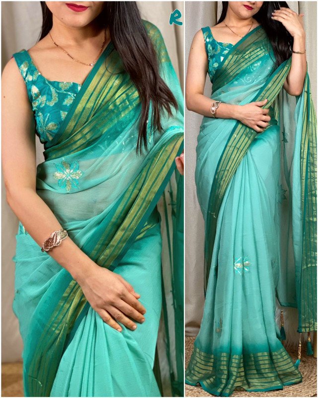 Edathal Star Collection's Women Georgette Chiffon Thread & Sequin Work In Saree With Gold Zari Weaving Border With Stylish Latkan In Pallu | Soft Georgette Chiffon Saree