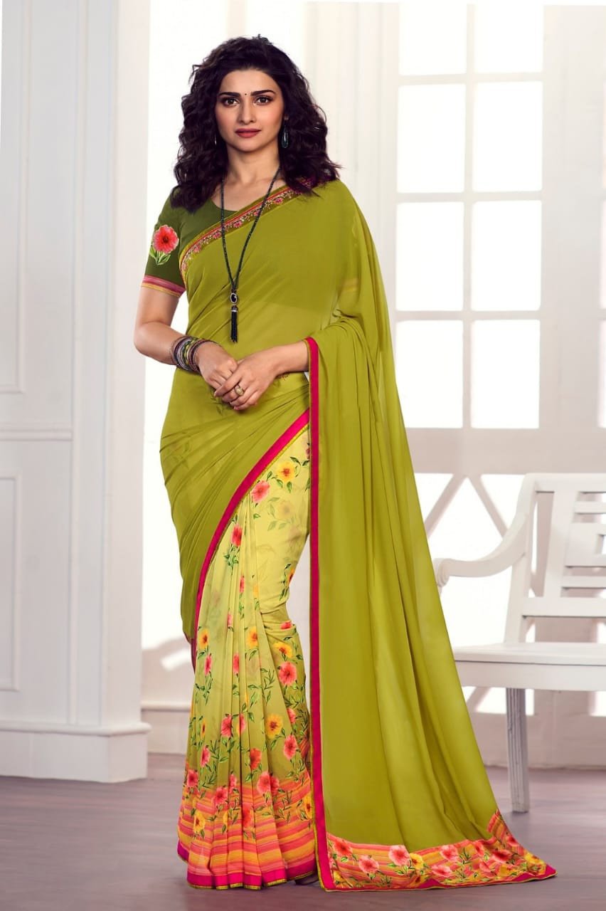 Attractive Women Double Colour Georgette Half & Half Printed Pattern With Plain Blouse - Multicolour | Georgette Saree With Blouse