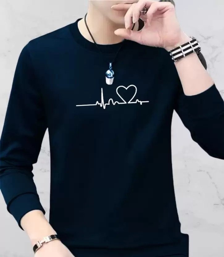 L G Garments Trendy Stylish Slim Fit Long Sleeve Round Neck Cotton Blend Formal & Casual Printed T-Shirt For Men - Black & Navy | Men's T-Shirt (S , M , L , XL , XXL)