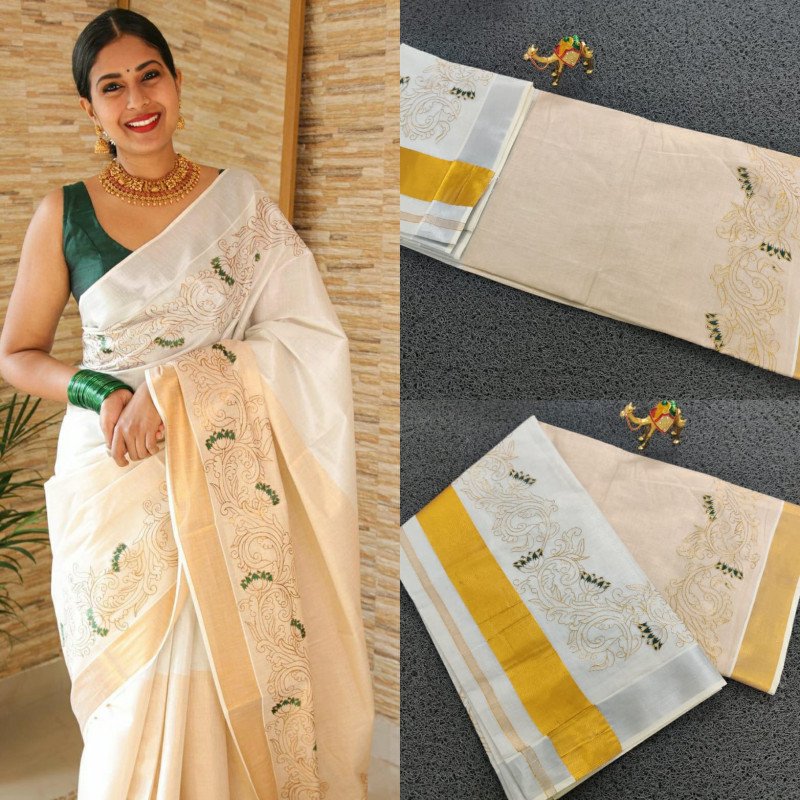 Sai Ram Textiles Kerala Kuthampully Lotus Half And Half Golden And Silver Tissue Saree | Kerala Traditional Set Saree