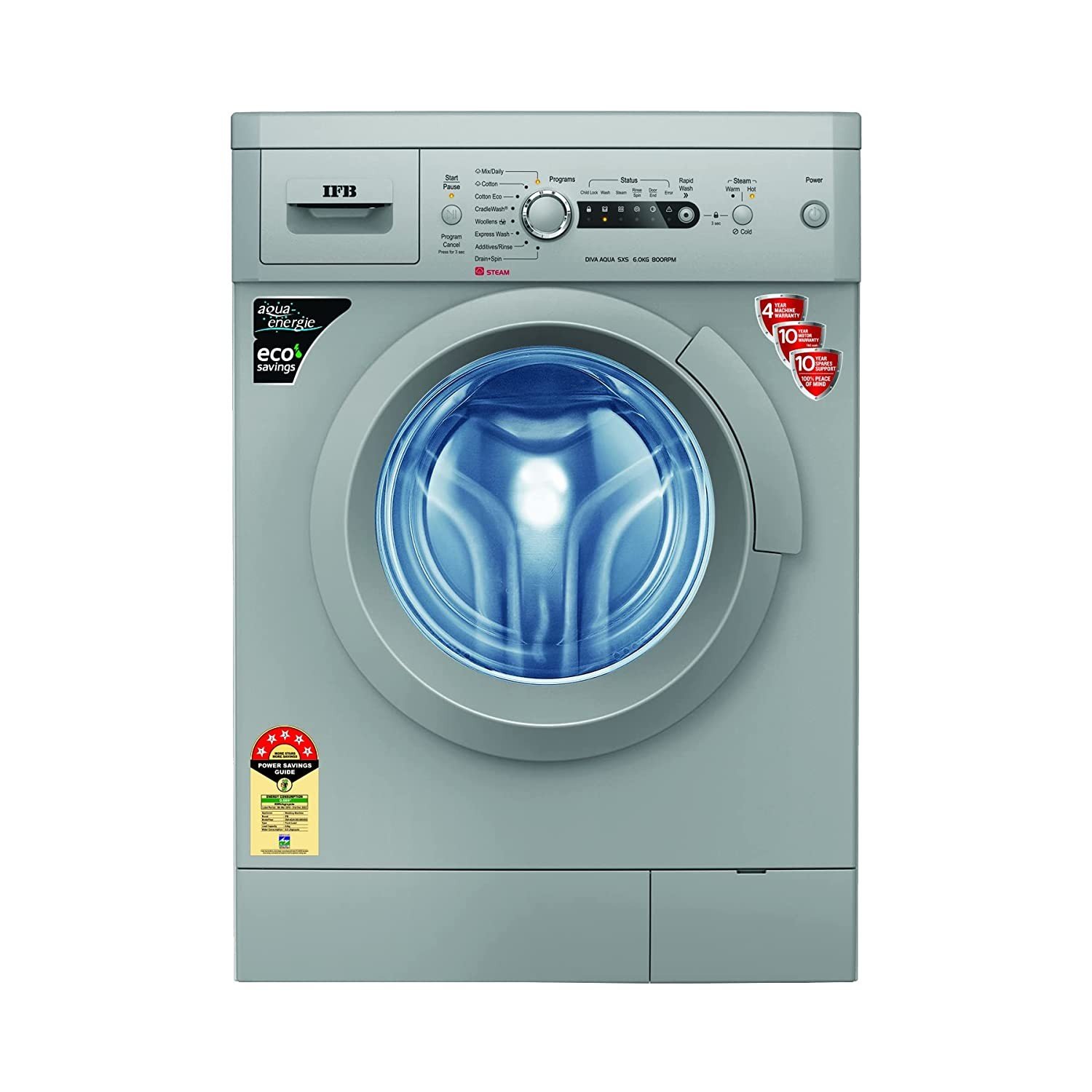 IFB 6 Kg 5 Star Fully-Automatic Front Load Washing Machine with Power Steam (DIVA AQUA SXS 6008, Silver, Steam Wash)