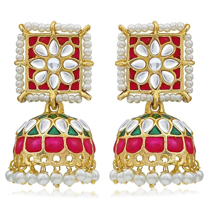 Ethnic Brass Pearl Gold Plated Kundan Meenakari Jhumki Earring for Women (SKR56862, Multicolour)