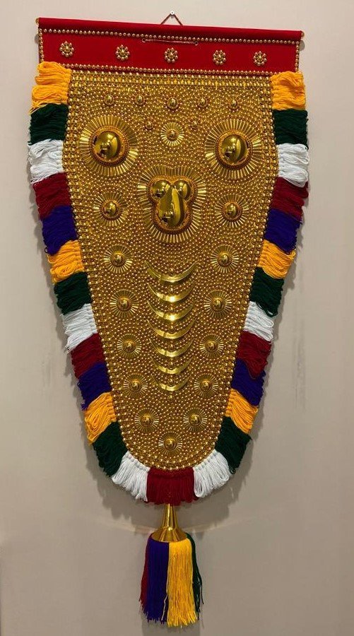 Riya's Kerala Traditional Gold Plated Hand Made Wall Hanging Nettipattam (നെറ്റിപ്പട്ടം) | High Quality Elephant Caparison (5 Feet)