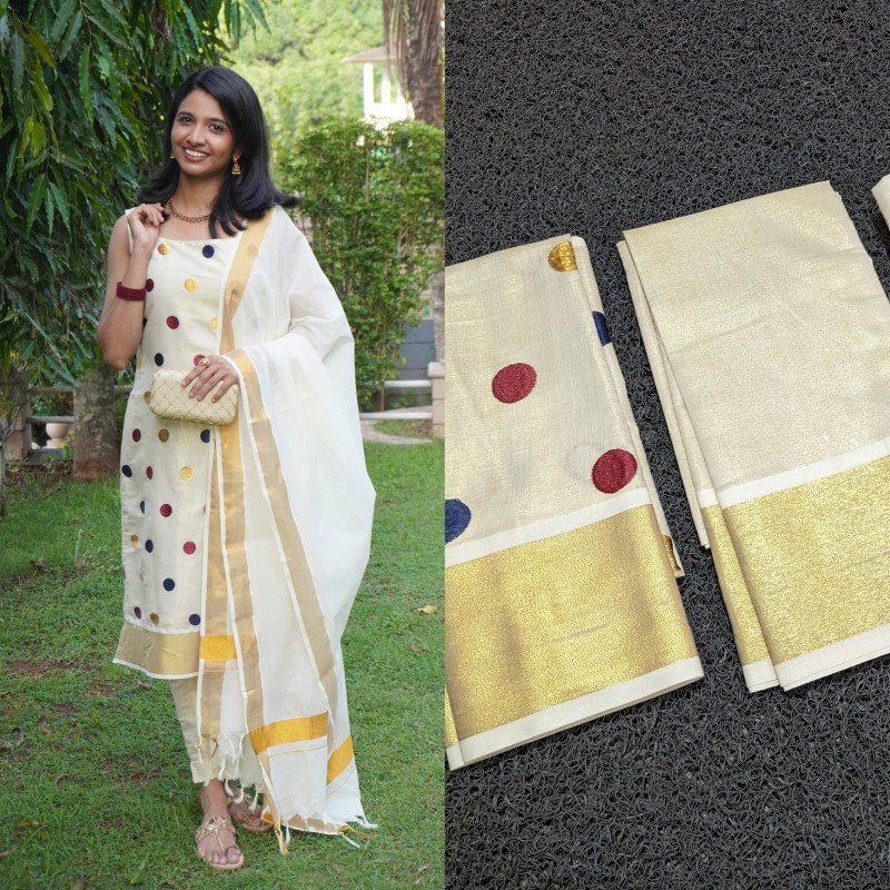 Sai Ram Textiles Kerala Kuthampully Golden Tissue Golden Polka Churidhar Set Material -  Red Navy & Blue Colour | Kerala Traditional Churidar Set Material