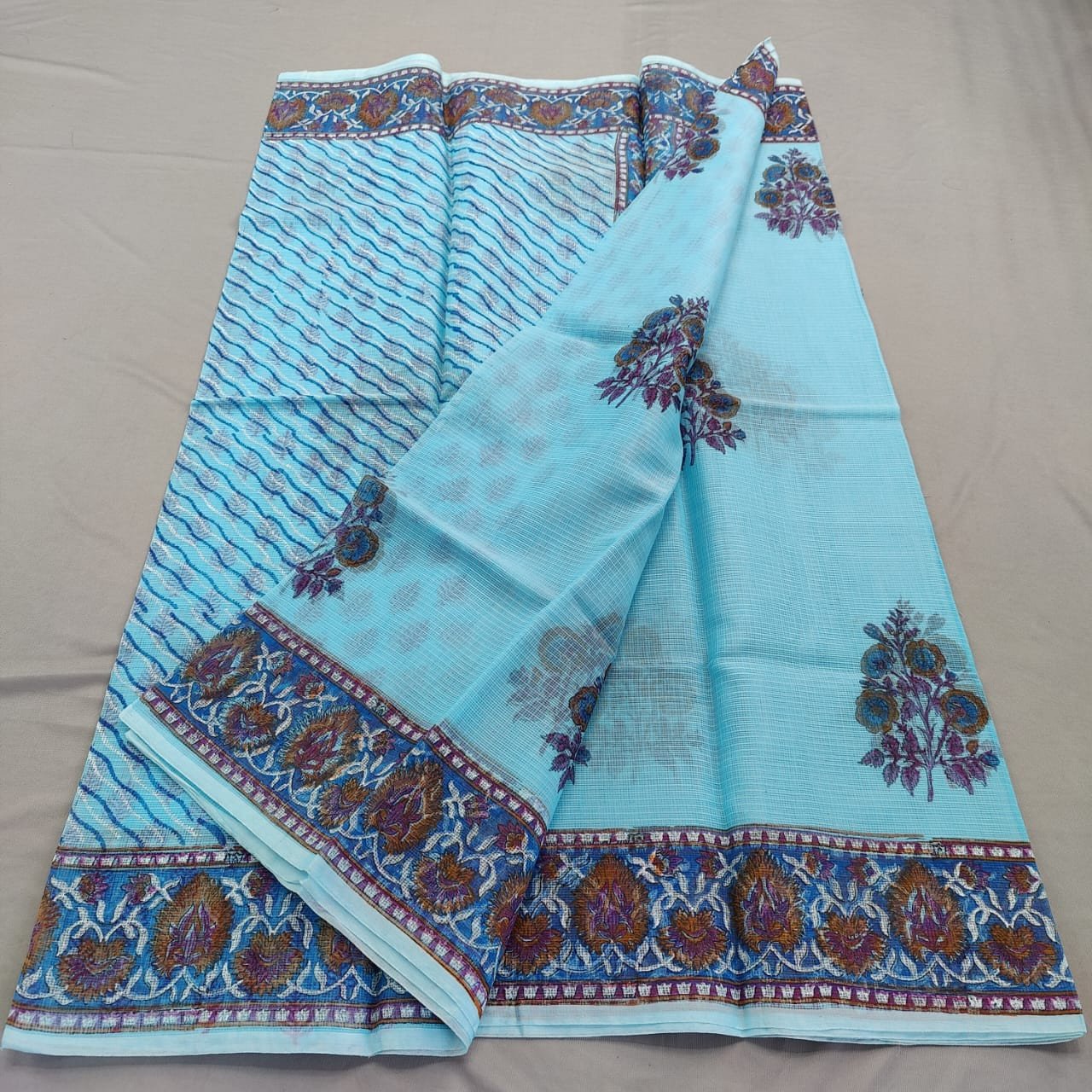 Edathal Star Collection's Soft & Smooth Kota Doria Mix Cotton Block Printed Saree With Blouse - Multi Colour | Block Printed Cotton Saree With Blouse