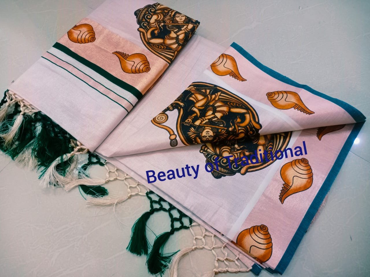 Avanika Collection's Kerala Kuthampully Rose Copper Tissue Mural Work Set Saree (Kunjalam Types) | Kerala Set Saree