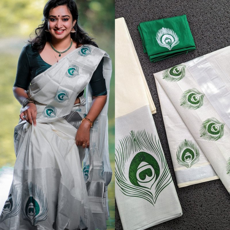 Sai Ram Textiles Kerala Kuthampully Green Myilpeeli Silver Davani | Kerala Traditional Davani Set | Half Saree