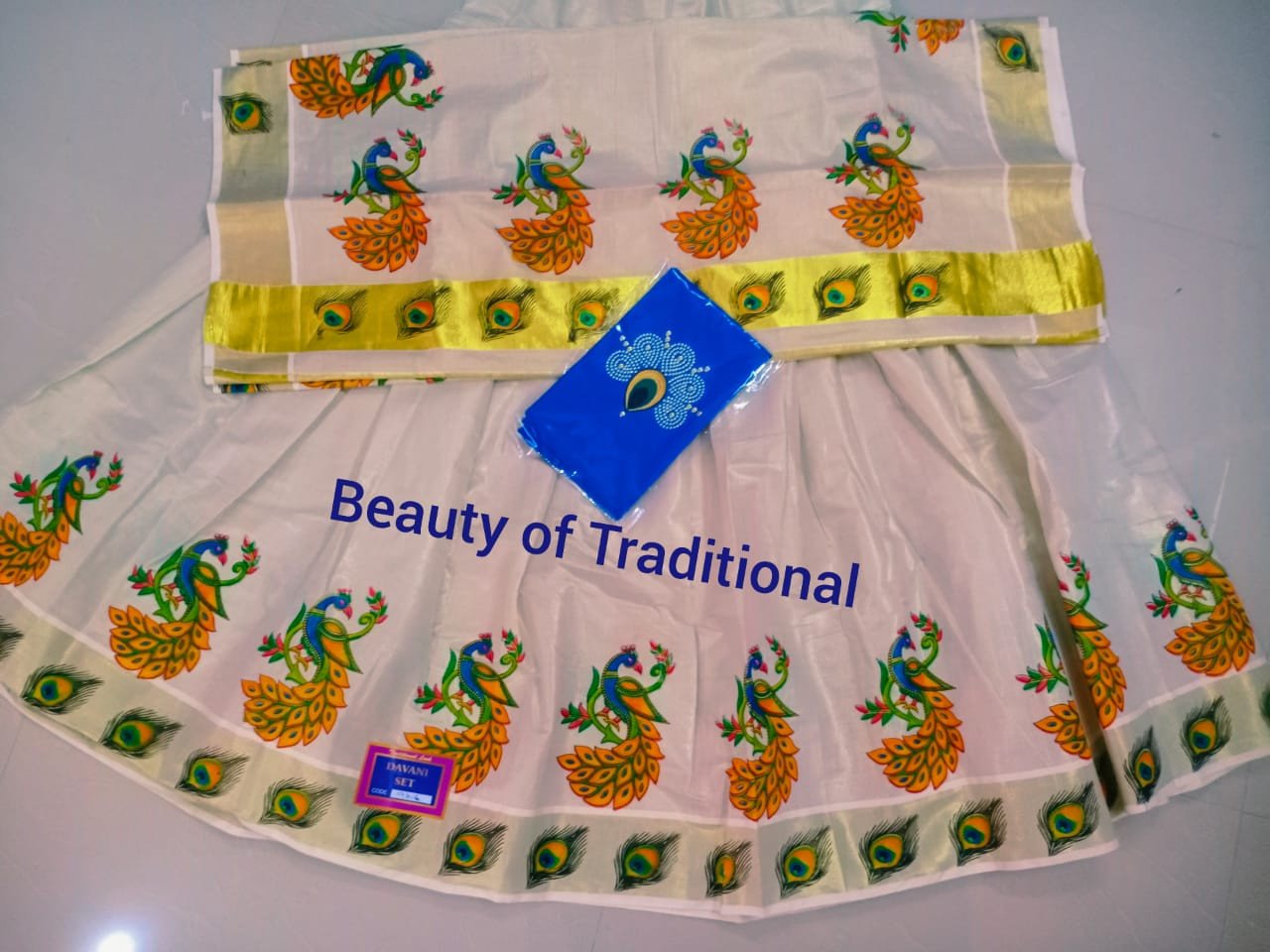 Avanika Collection's Kerala Traditional Tissue Mural Work Dhavani (Stitched Skirt) | Kerala Dhavani Set