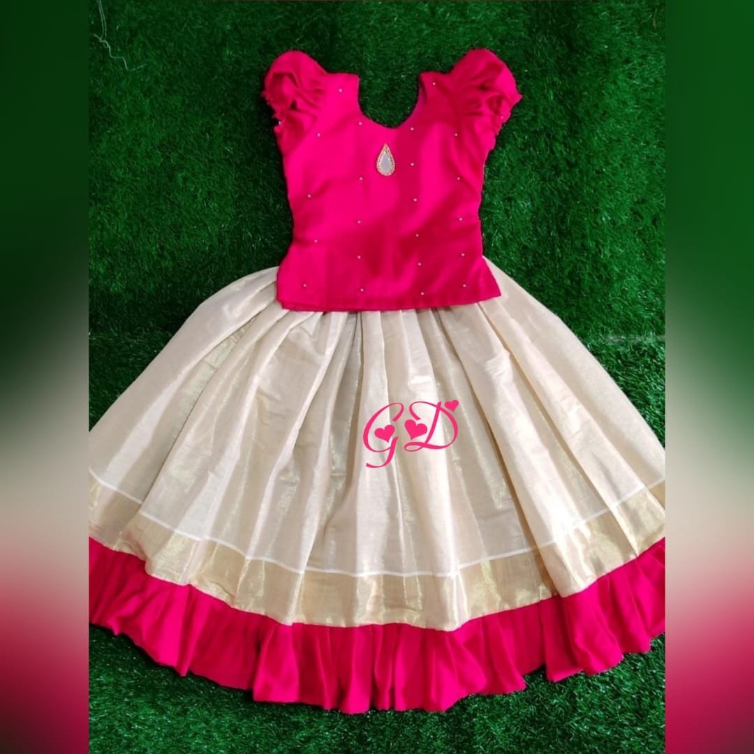 Classy Threads Collectionzz Trendy Stylish Silk Cotton Kids Skirts & Jacket - Pink & White Colour | Kerala Traditional Pattupavada