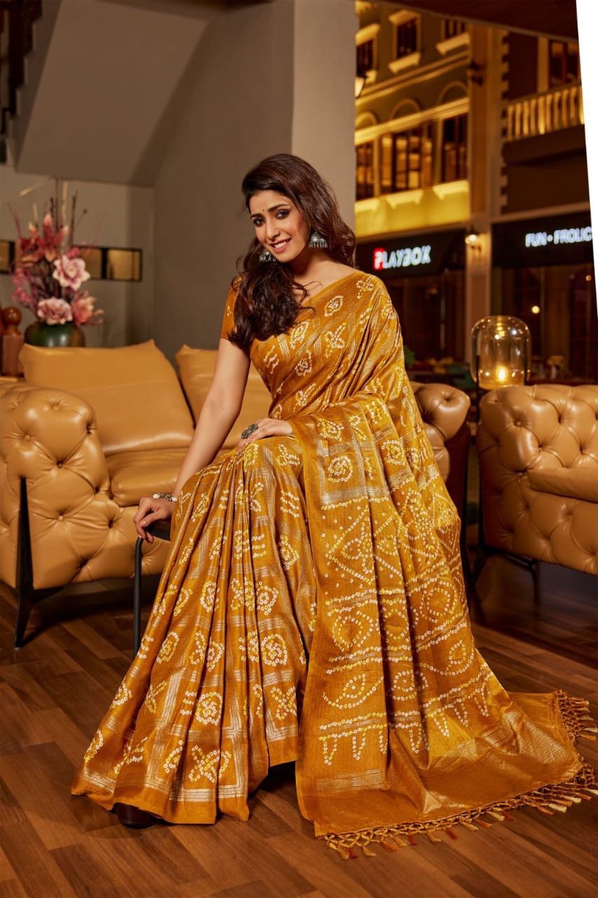 Edathal Star Collection's Soft Silk Saree With Bhandez Gharchola Style And Foil Print With Soft Pashmina Allover Printed Blouse