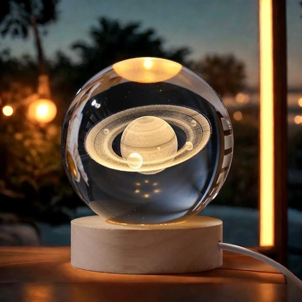 SmartGadgets 3D Saturn Crystal Ball Night Light Glass Ball Night Lamp with Wooden Base Fantasy Decoration Crsytal Ball Saturn LED Galaxy Planet Nightlight Bedroom Decor | Gift for Kids, Office