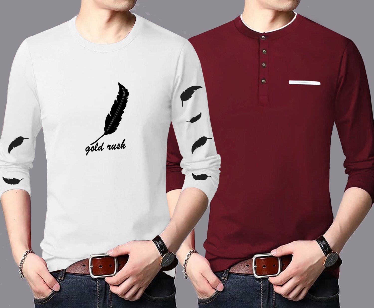 LG Garments Men's Trendy Henley Neck Long Sleeves Cotton T-Shirt Combo - Multi-colour (Pack Of 2) | Men's T-Shirt (2 in 1) (S, M, L, XL, XXL)