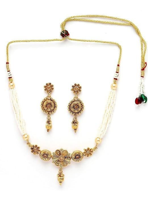 Sukkhi Attractive Gold Plated Gold Beads Copper Choker Necklace Set with Drop Earring | Jewellery Set For Women (NS105536)