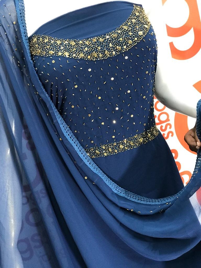 Classy Threads Collectionzz Women Attractive Stylish Georgette Embroidered Churidar Material - Navy Colour | Churidar Set Material